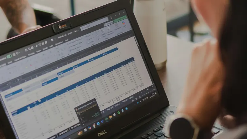 Pessoa trabalhando em um notebook com uma planilha de dados aberta na tela