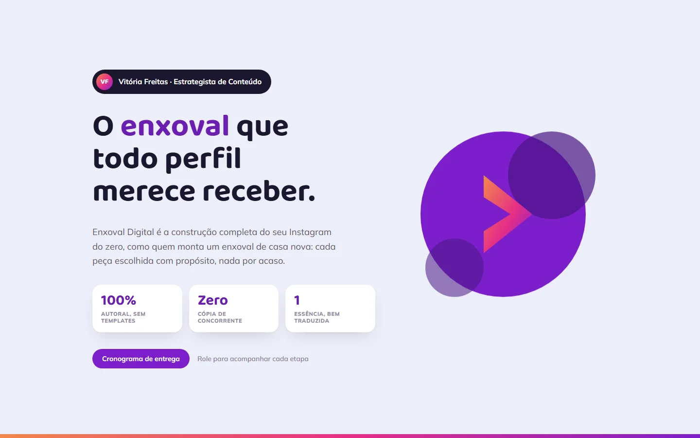 Página do Enxoval Digital no computador: título “O enxoval que todo perfil merece receber.” em roxo, com o cronograma de entrega