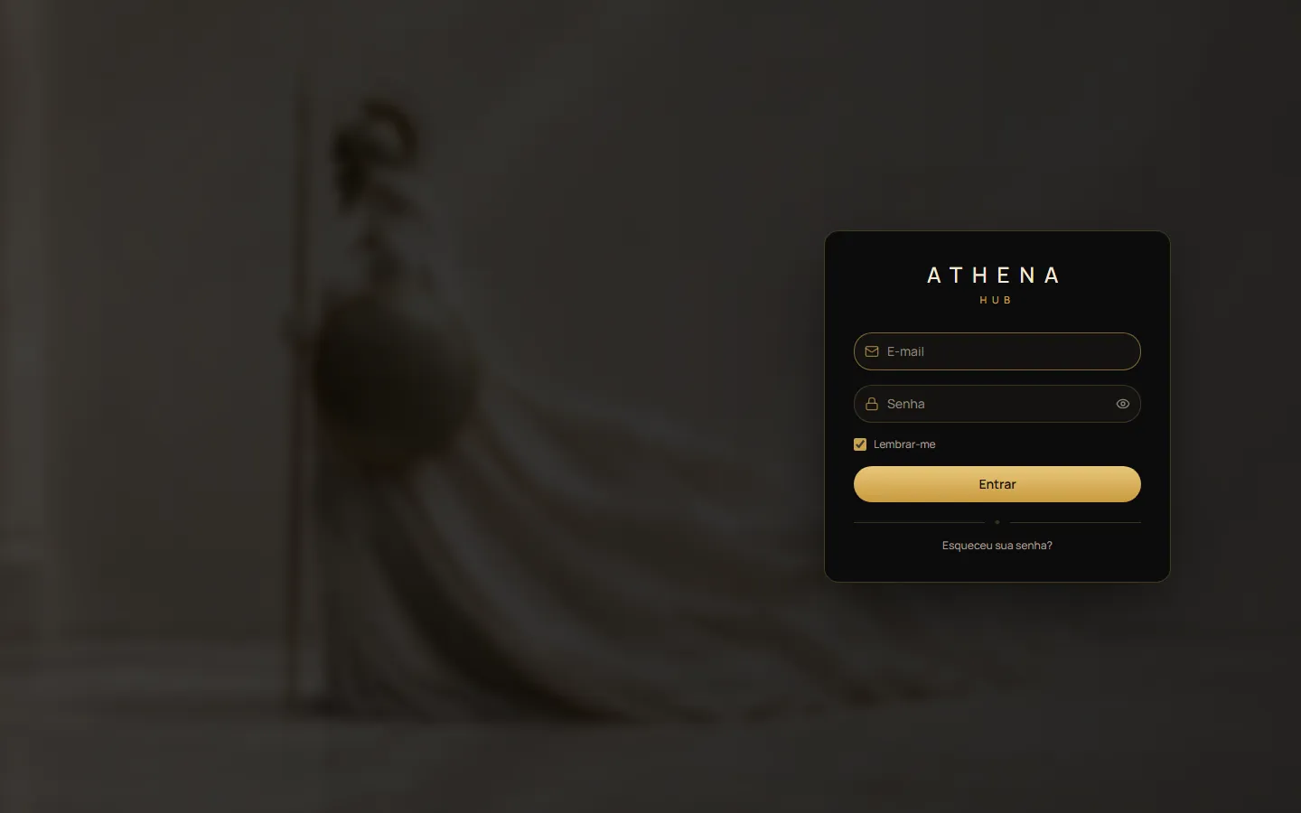 Tela de login do Athena Hub: cartão escuro com campos de e-mail e senha e botão dourado, sobre a imagem desfocada de uma estátua da deusa Atena